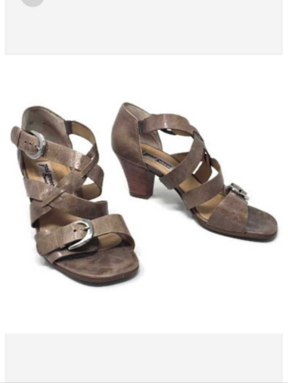 Paul Green Glazed Leather Crisscross Buckle Block Heel Sandals Taupe US 7